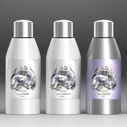 AI generated: A metallic silver to white gradation background. On the forefront are 3 white shampoo bottles, each ...