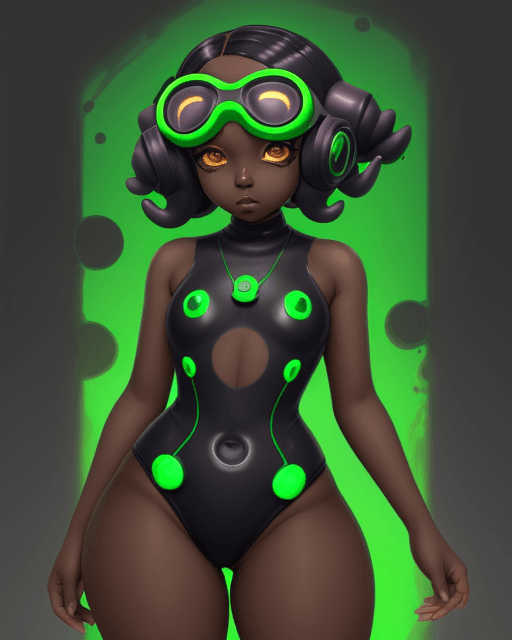 AI generated: octoling girl, adult, dark skin, thick thighs, splatoon, futuristic tech, hypnosis, hypnotized, leot...
