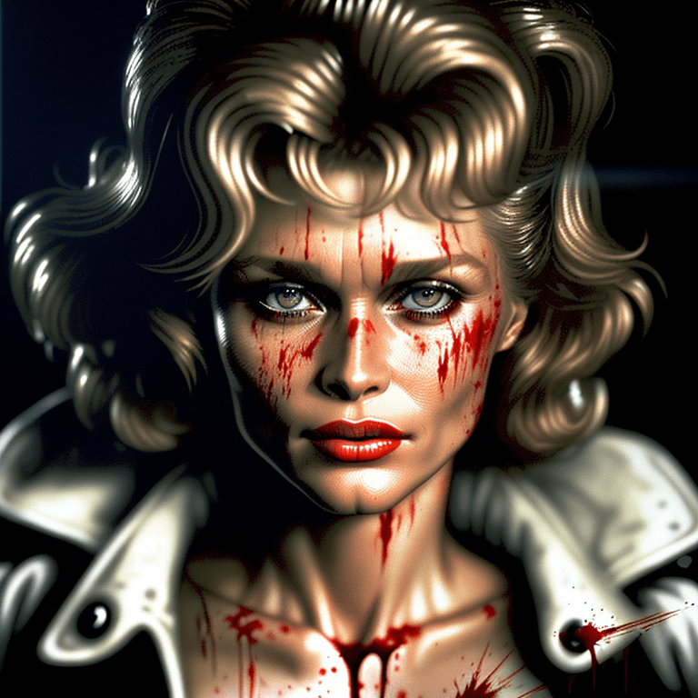 AI generated: beautiful stunning LAUREN HUTTON in silent hill horror retro poster style, log messy retro hairstyle...