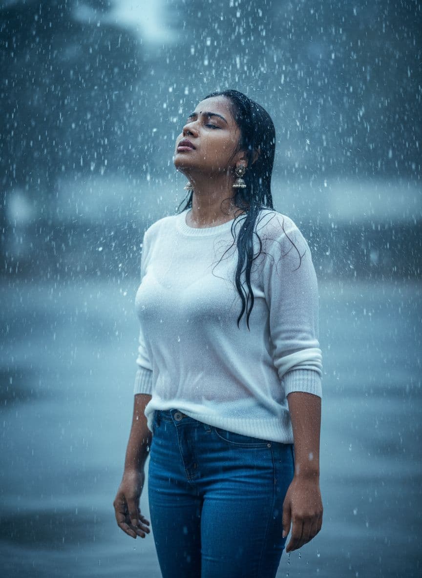 AI generated: Create an image with the attached photo of an elegant woman standing in intense rain, soaked, and a ...