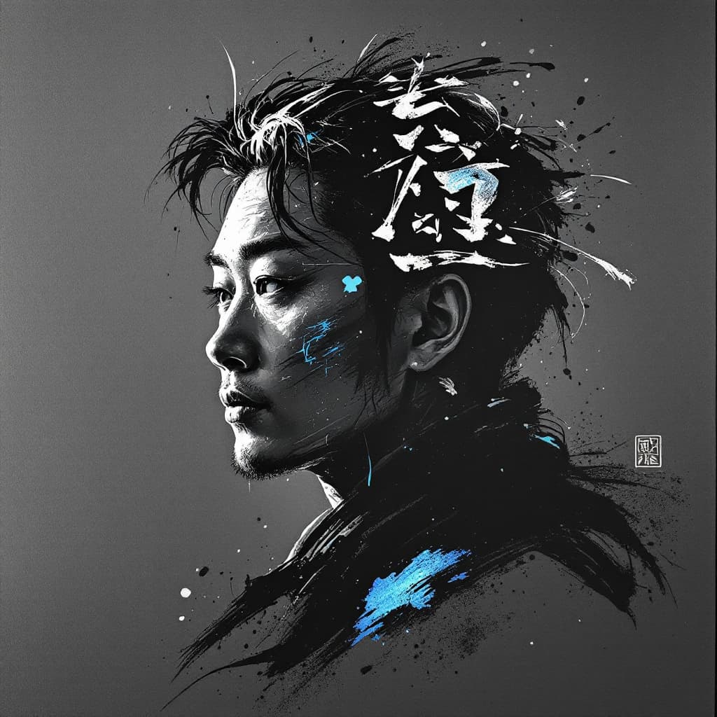 AI generated: A holographic, black and white profile portrait with Chinese calligraphy-style characters on the hea...