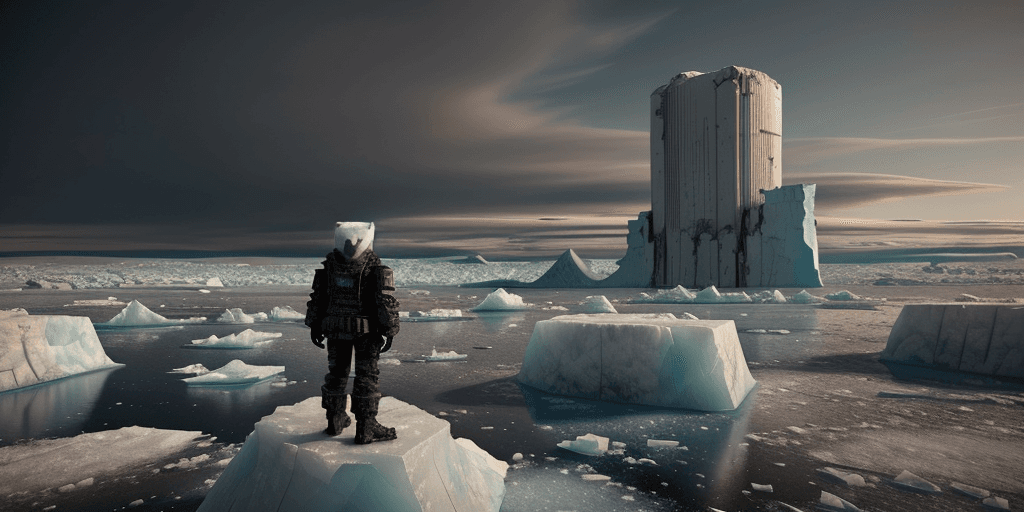 AI generated: landscape, post-apocalyptic, cyberpunk, of a polar bear, standing on a floating iceberg, in front of...