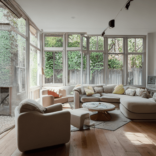 AI generated: High resolution photography interior design, dreamy sunken living room conversation pit, wooden floo...