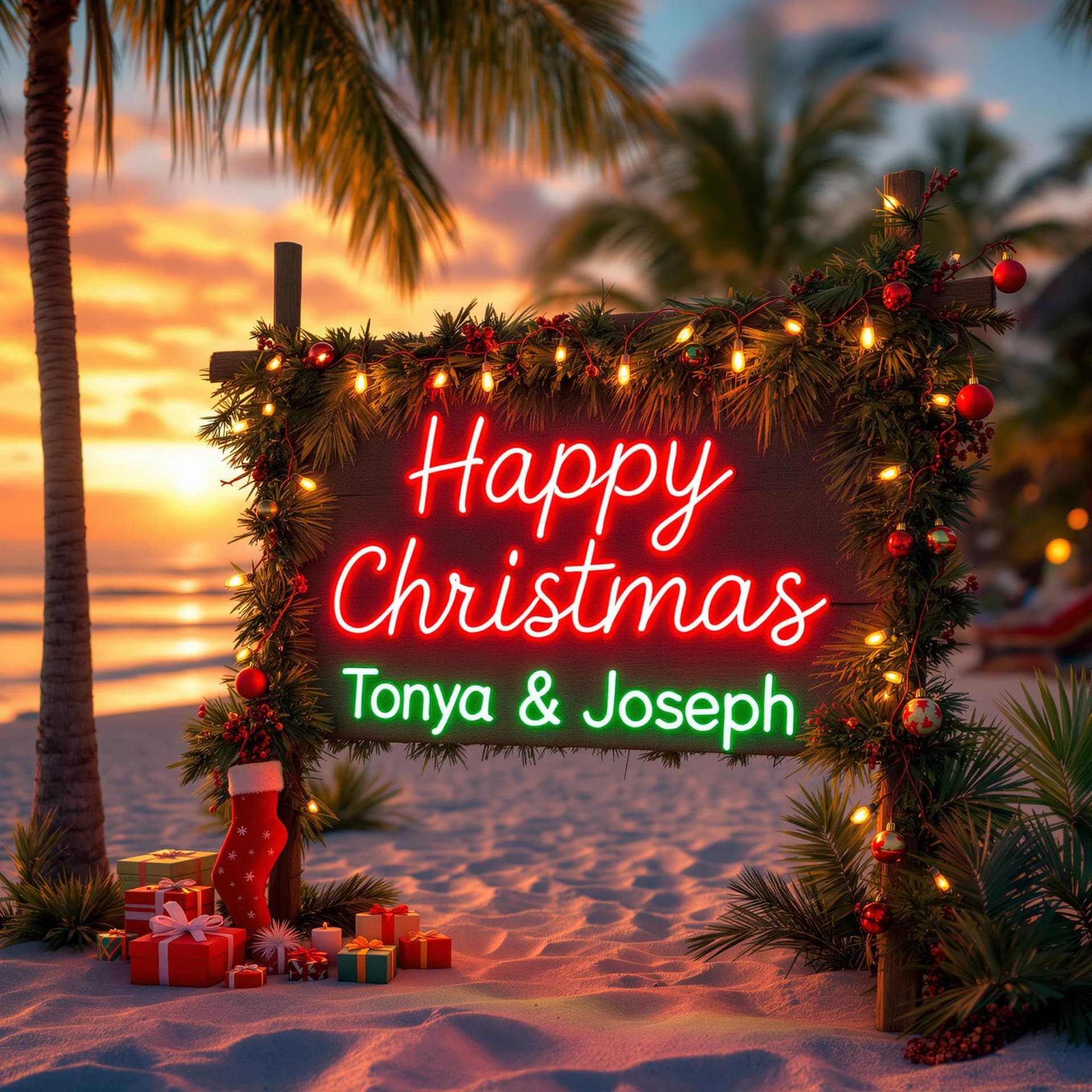 AI generated: Beachy holiday scene, lots of Christmas decorations, thatched sign made of palm fronds, red and gree...