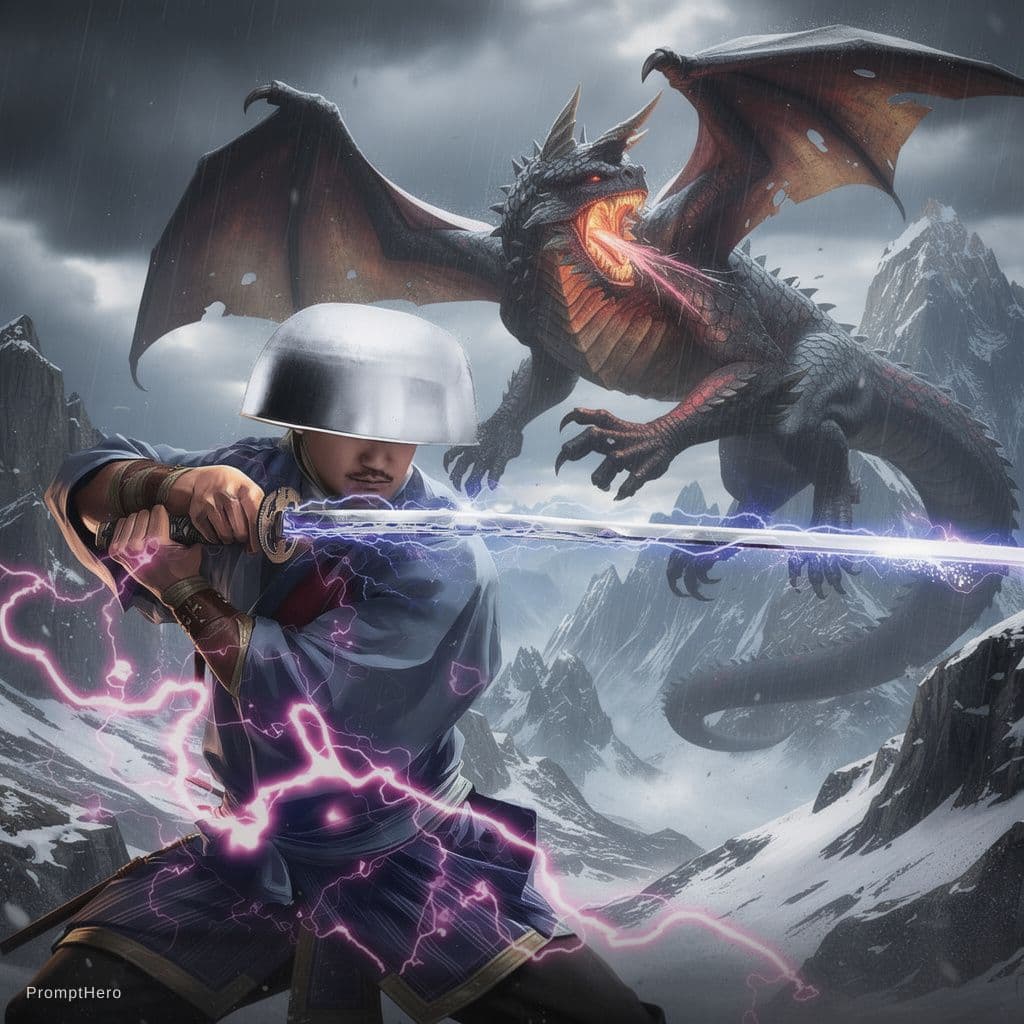 AI generated: Epic, fighting dragon in the high mountains
