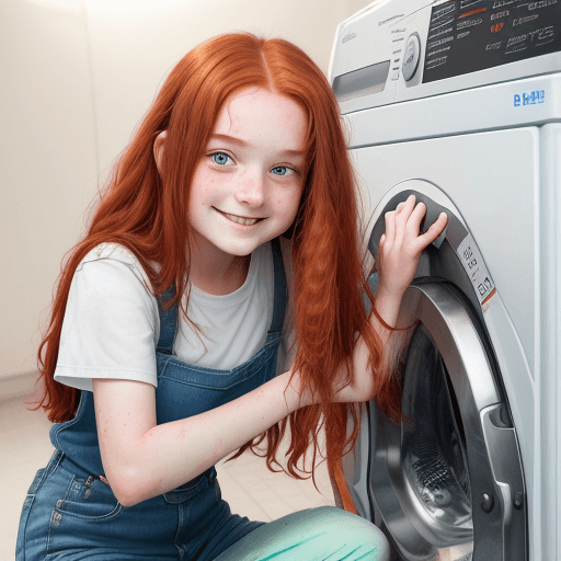 AI generated: a very hübsche 13 years old girl red long hair smiling and is doing laundry and pees all over her di...