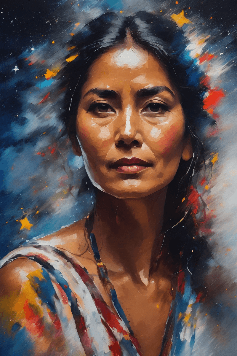 AI generated: A middle-aged Latina woman, brush strokes, night, clear starry sky, windy, abstract painting, master...