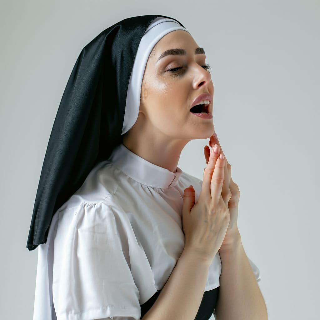 AI generated: pov a submissive nun having sex in missionary position while she is rubbing her clit, she wants you ...