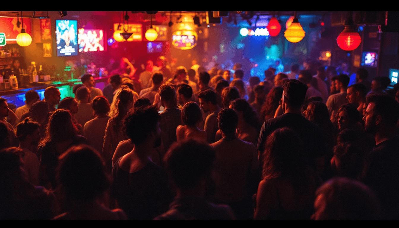 AI generated: Inside a crowded bar at night. Vivid colors. Diverse crowd talking and dancing.