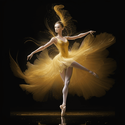 AI generated: breathtaking illustration of ballerina dancing with a dress made entirely with diaphanous yellow pai...