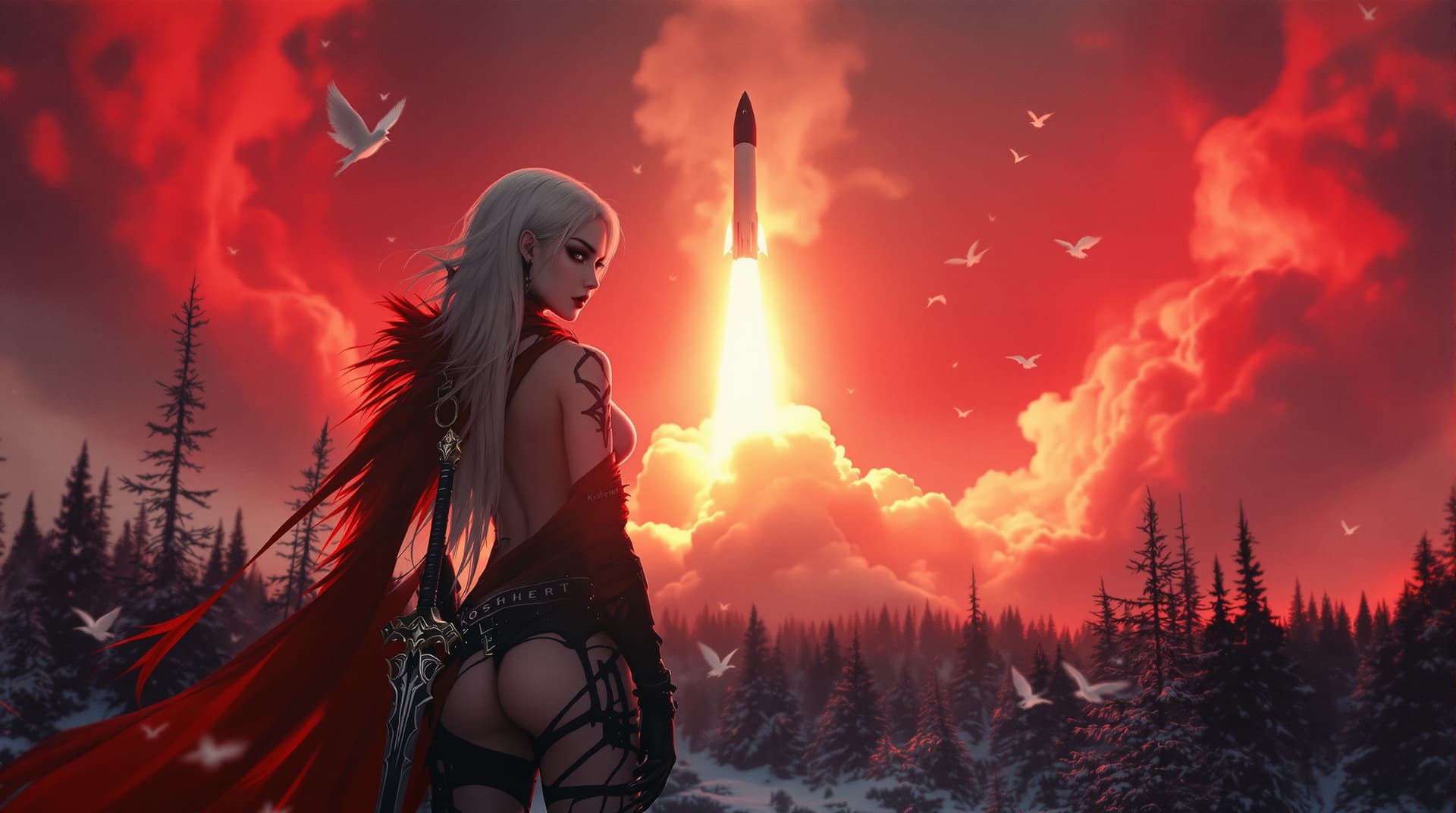 AI generated: Ultra realistic, far mid body photo of a so hot sensuous stylish goth women in snowy winter skimpy p...