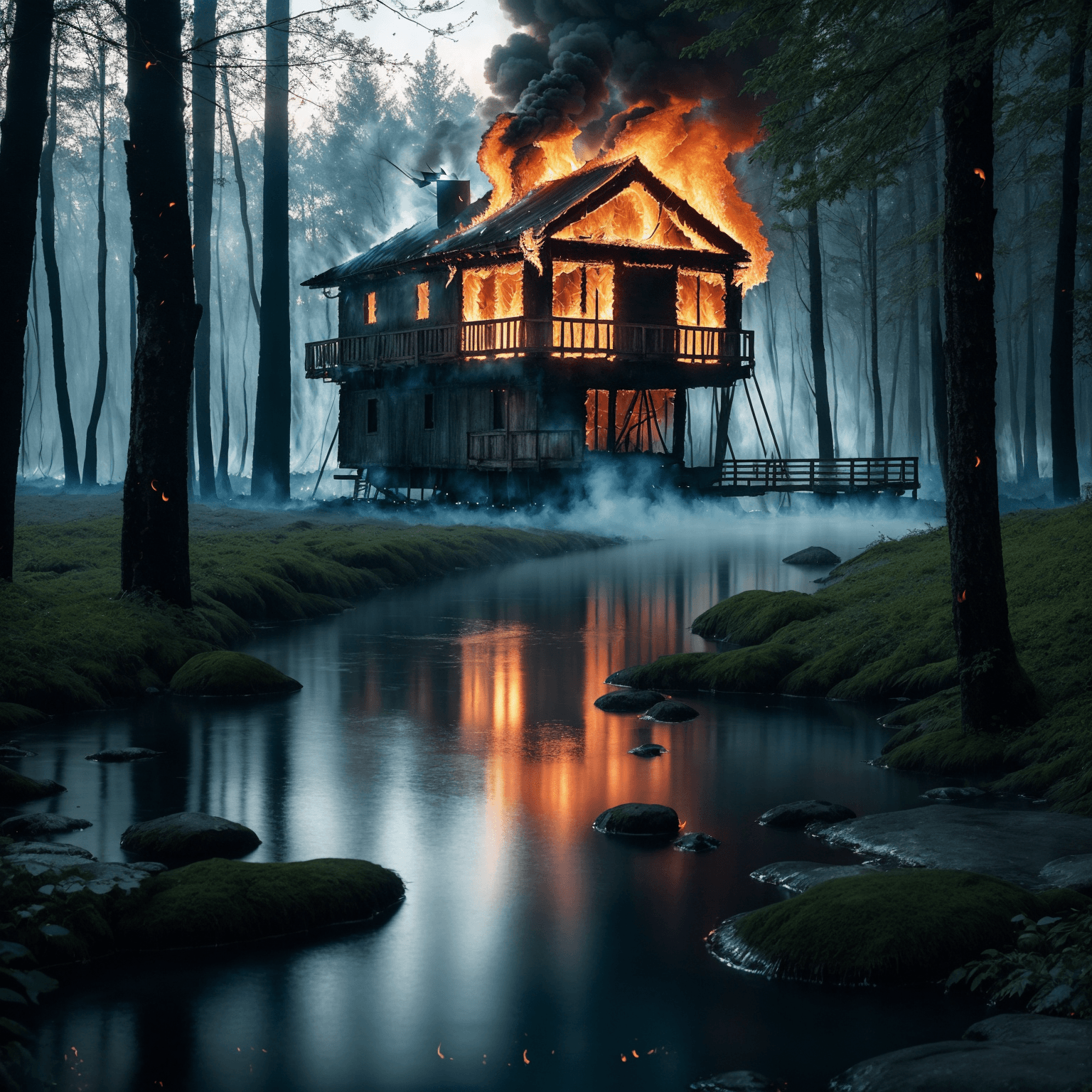 AI generated: detailed photo by Elsa Bleda, ((((a wooden burning house full of flame octane burn)))) near detailed...