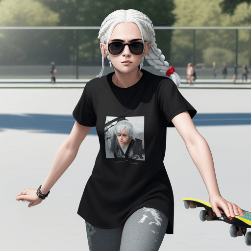 AI generated: girl with white hair, braided, wearing large sunglasses, a large black T-shirt,  skateboarding in th...