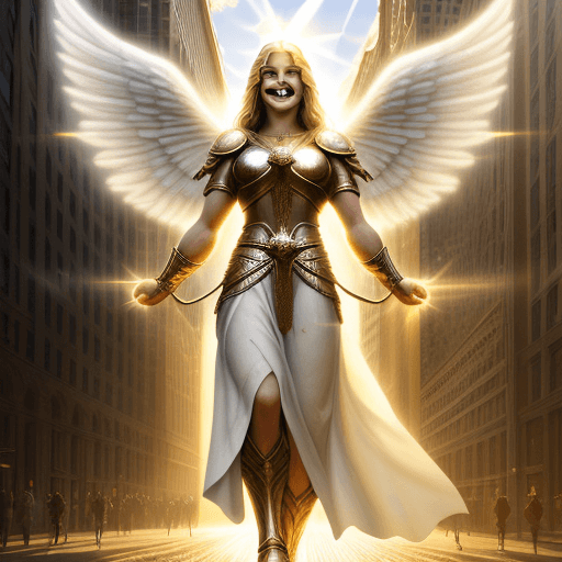 AI generated: Warrior Angel of Light, full height, smile, city, people, photorealism, high level of detail, rays o...
