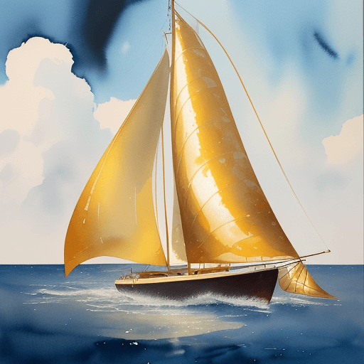 AI generated: Zoltan Szabo Watercolor and oil, sailboat and lighthouse, shiny gold metallic, wet on wet
