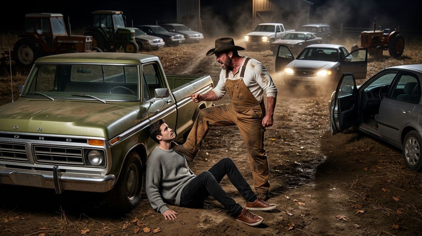 AI generated: In an Autumn night at a ranch. The large vintage olive green Ford pick up truck is parked between ni...