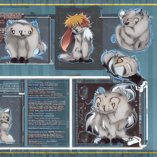 AI generated: anime-style cartoon furry anthro sfw reference sheet. solo fluffy male snow leopard with short black...