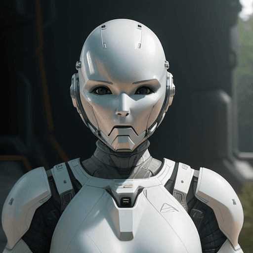 AI generated: white sci-fi female armor with cybernetic helmet, full armor, insulated armor, spacesuit, bald head,...