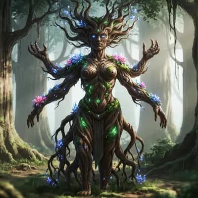 AI generated video: An ancient female tree spirit, made of gnarled wood and glowing moss, with deep, wise eyes carved in...