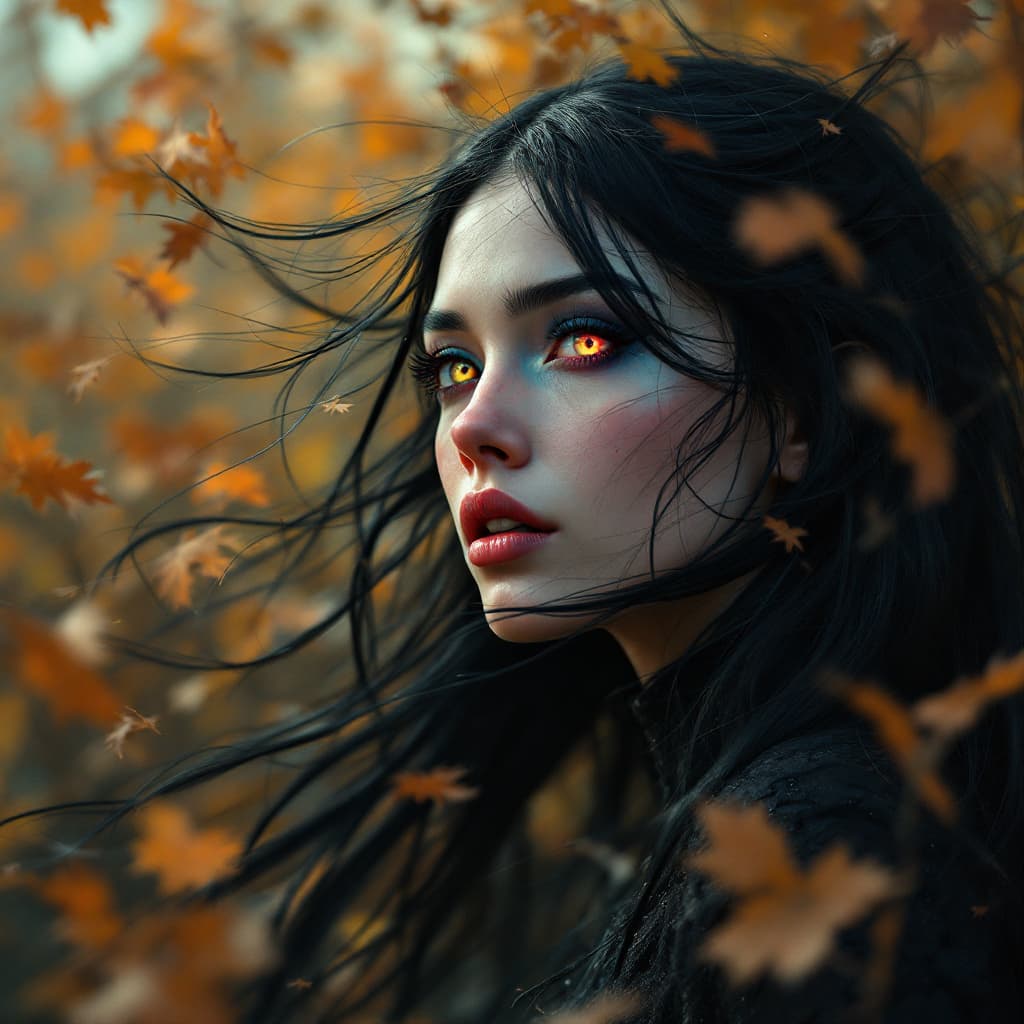 AI generated: beautiful angle view of Species woman individual from another planet with jet black hair, beautiful ...