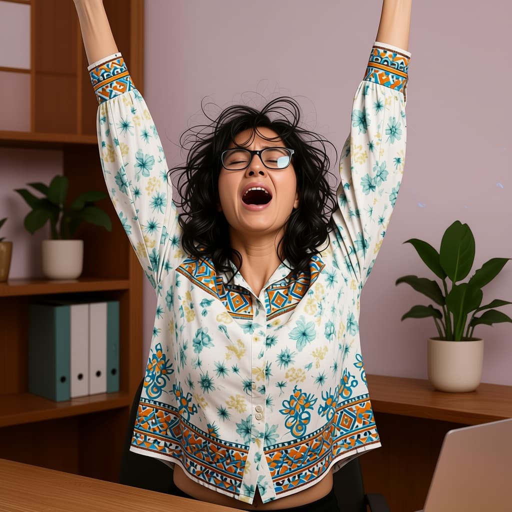 AI generated: mouth slightly open, woman, morning, messy hair, eyes semi-closed, Bohemian Free People, full body m...