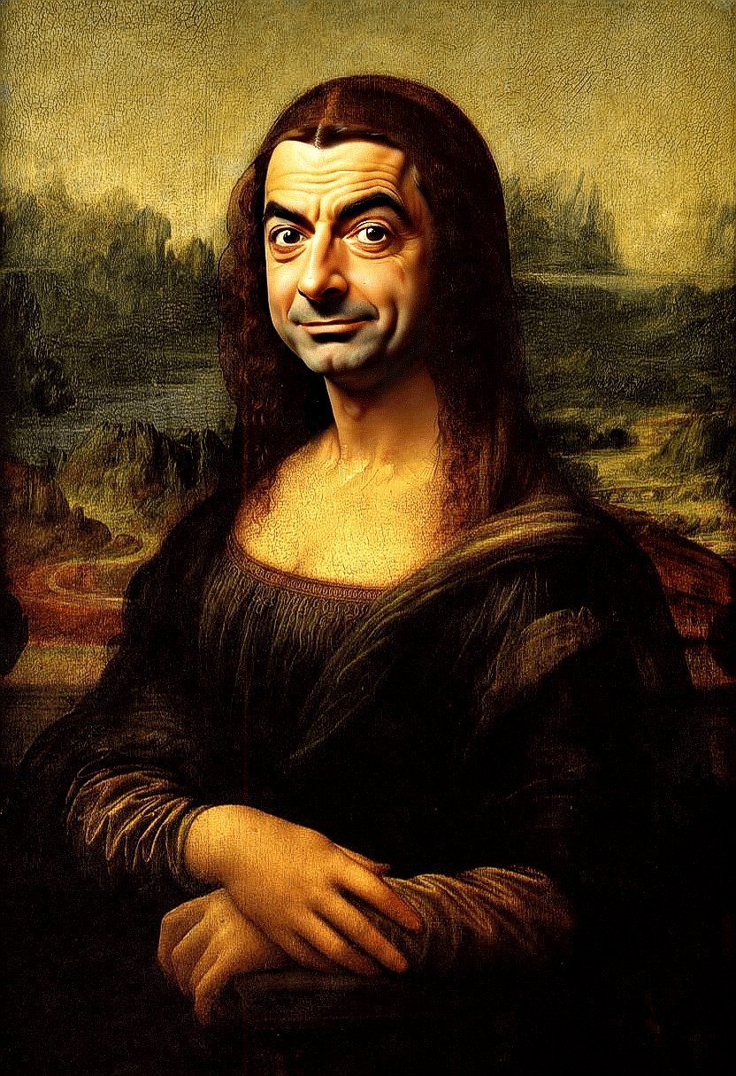AI generated: An image of Mr. Bean, movie star, posing as Monalisa, the famous painting. HRD, Highly details, high...