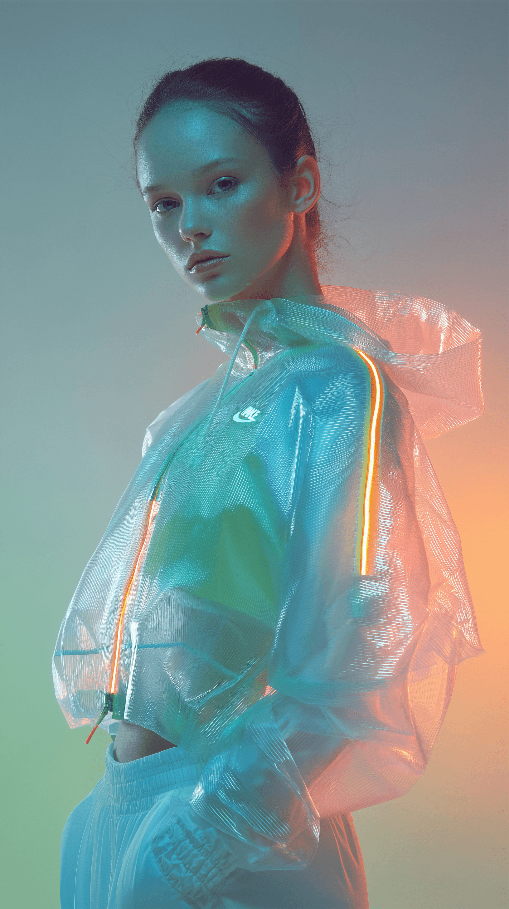 AI generated: advertisement photography, futuristic fashion concept, young female model, staring to camera, wearin...