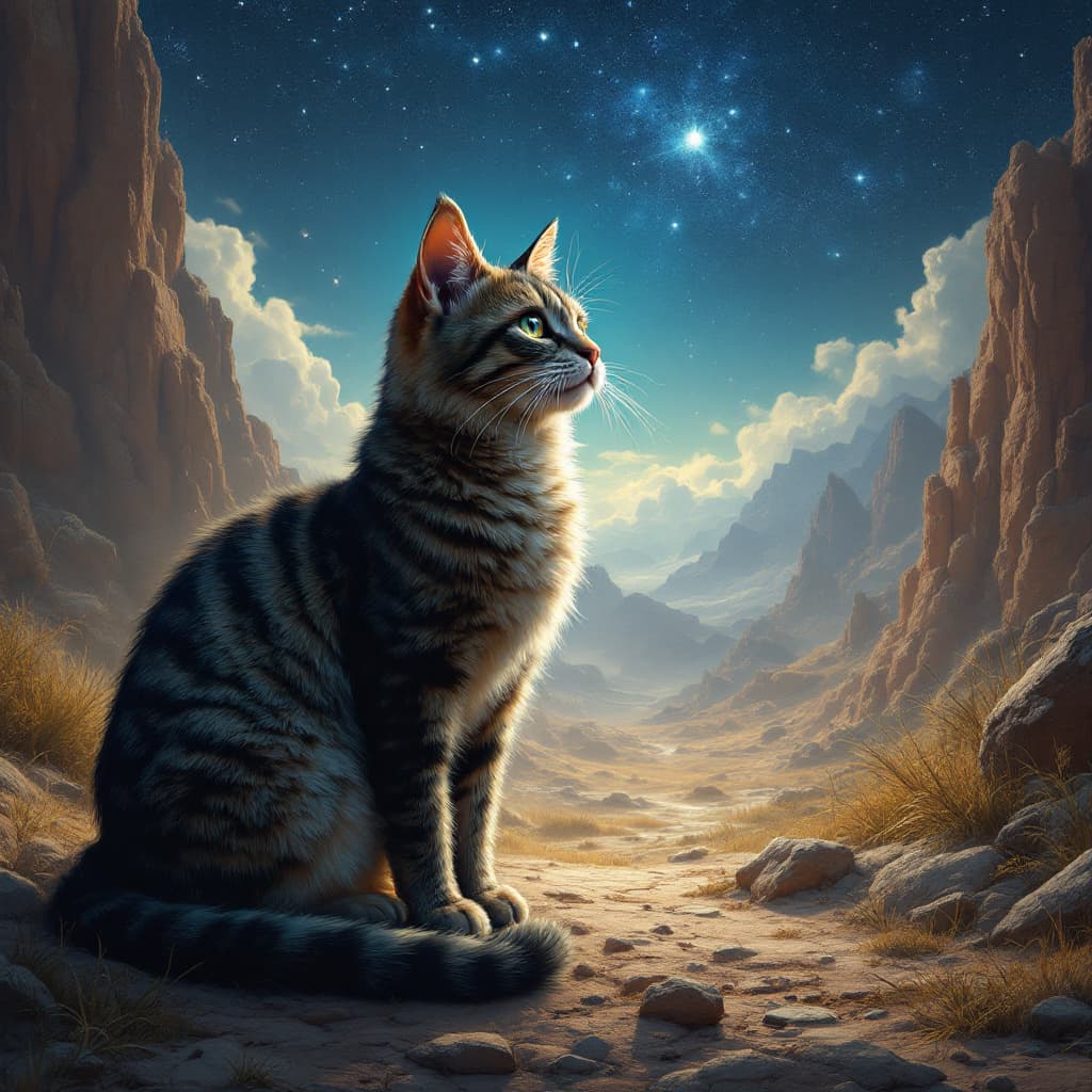 AI generated: generiere mir eine katze aus dem 7000 jahrhundert, die die weltherrschaft in sich gerissen hat und a...