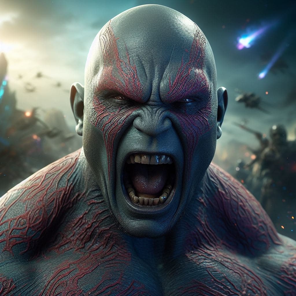 AI generated: close up of Drax of guardians of the galaxy of Marvel screaming, in a fit of rage, Masterpiece, giga...