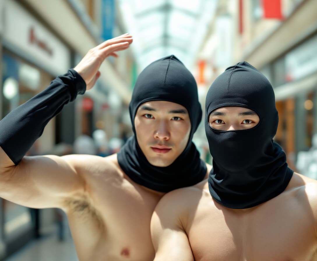 AI generated: Two male Asian born Chinese strong swimmers wearing compression jammers were arrested in day time. T...