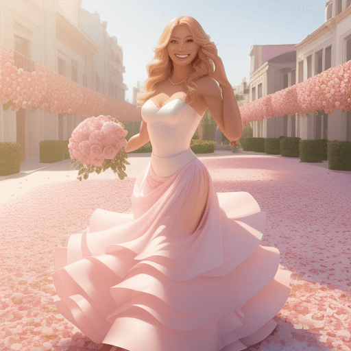 AI generated: a row of beautiful bouquet of redish, pink and white roses in the hands of smiling blonde woman, rea...