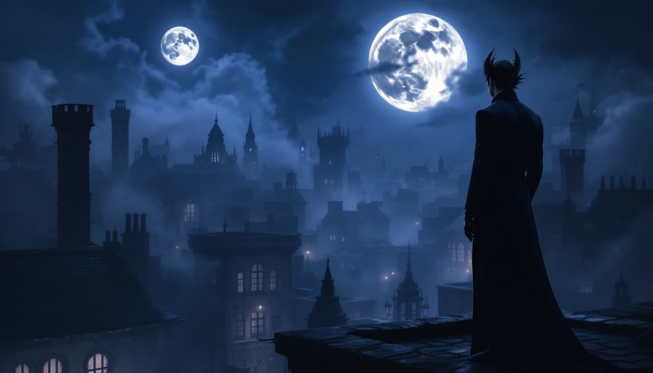 AI generated: A misty moonlit night in a gothic cityscape. Shadows dance on cobblestone streets. Elion, an elegant...
