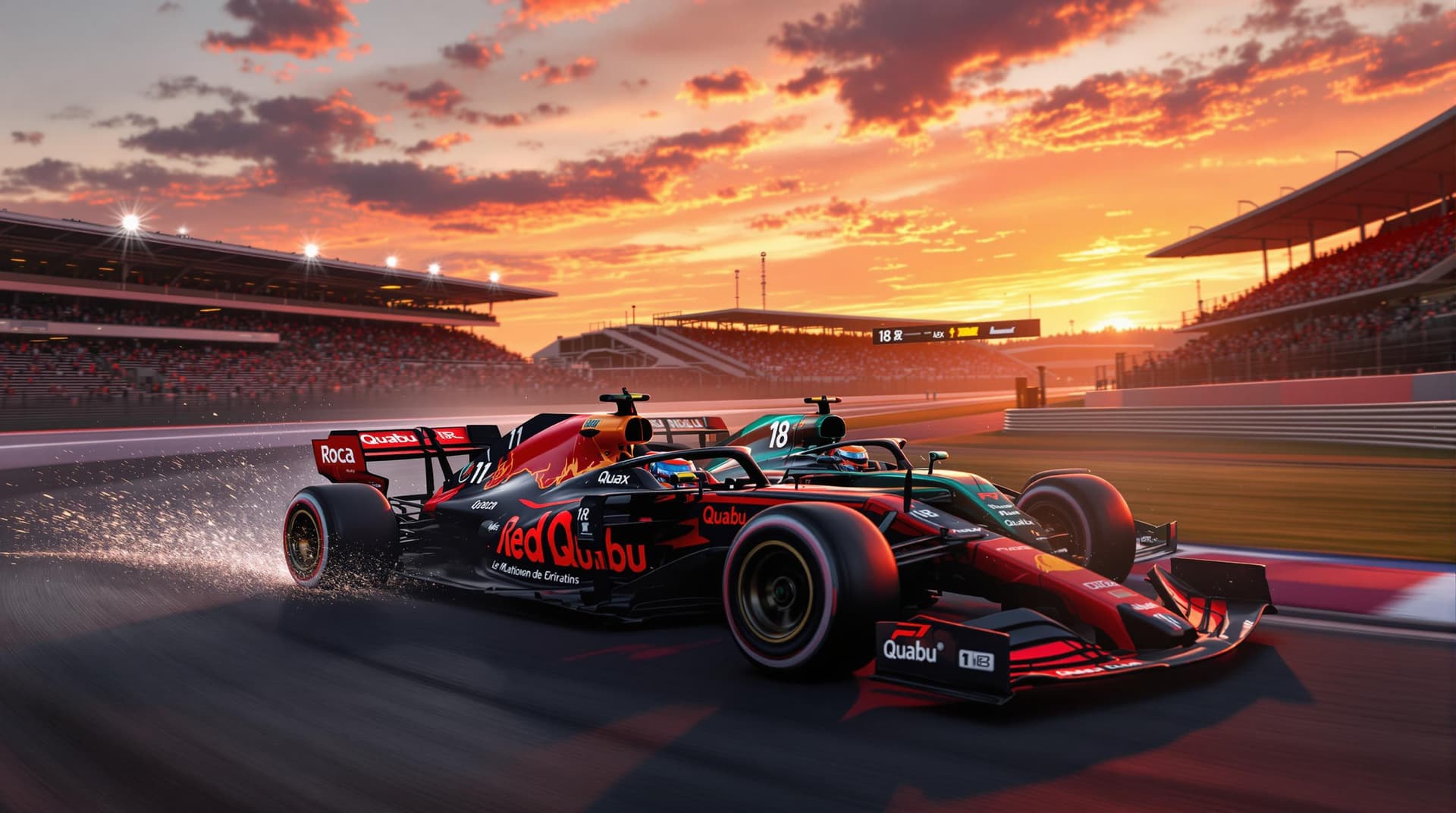 AI generated: A high-speed Formula 1 race is taking place on a professional circuit during a breathtaking sunset. ...