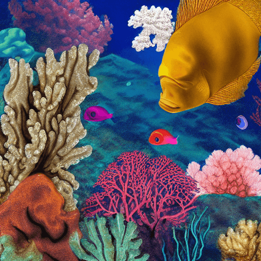 AI generated: 2D image of a deep sea diver underwater, fish and corals, and sea weed.