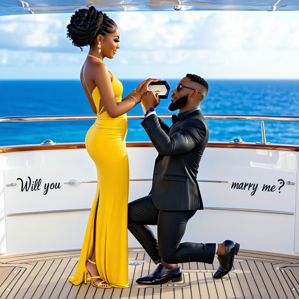 AI generated: 4K HD realistic African American couple on the deck of a yacht, he is on bended knee holding up a ri...