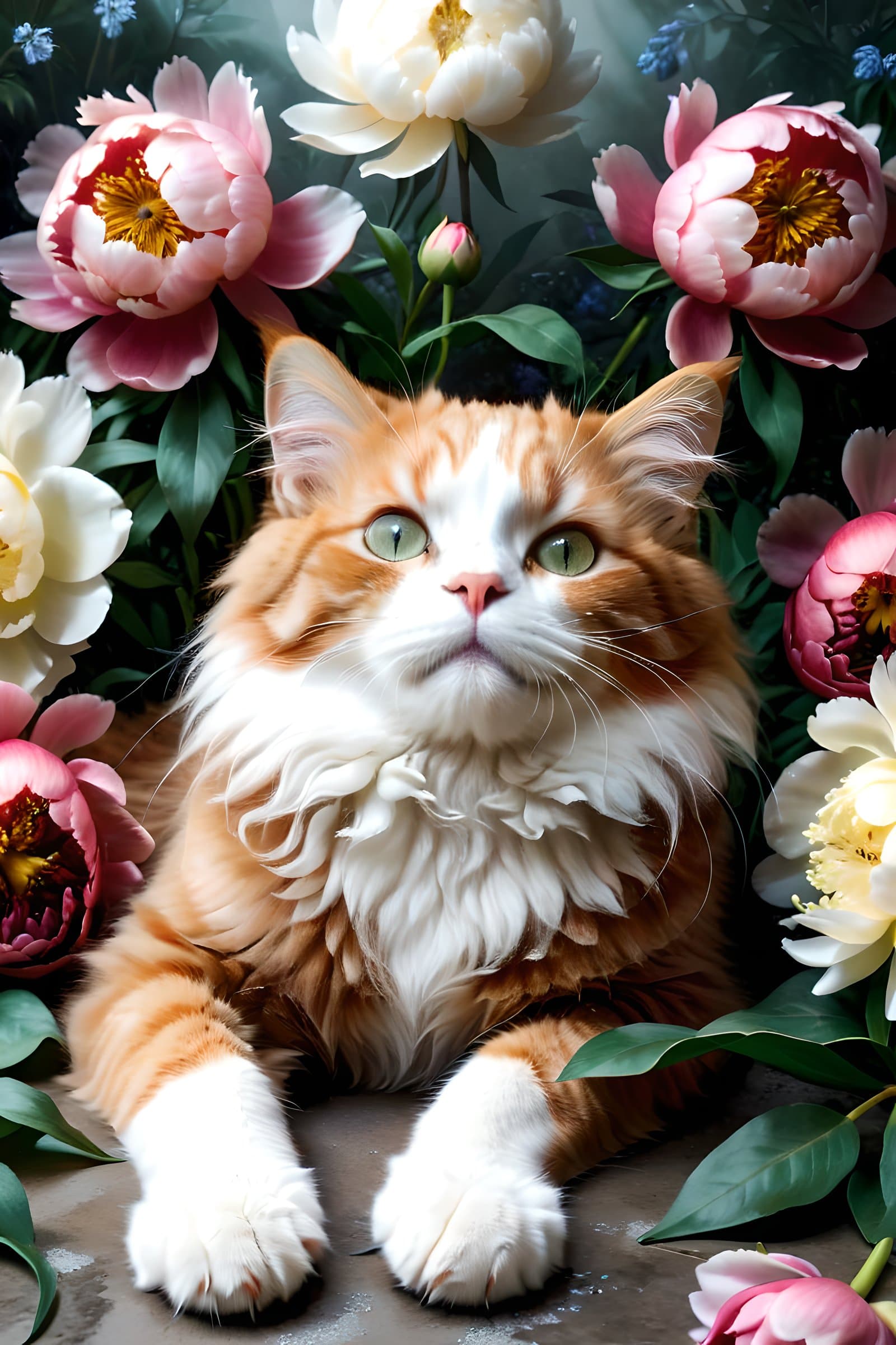 AI generated: photorealism, realistic, red fluffy cat, lying on his back around peonies, the cat's sly look, pixel...