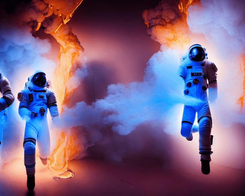 AI generated: two   white astronauts are  running wild in a futuristic corridor in a spaceship. the room is full o...