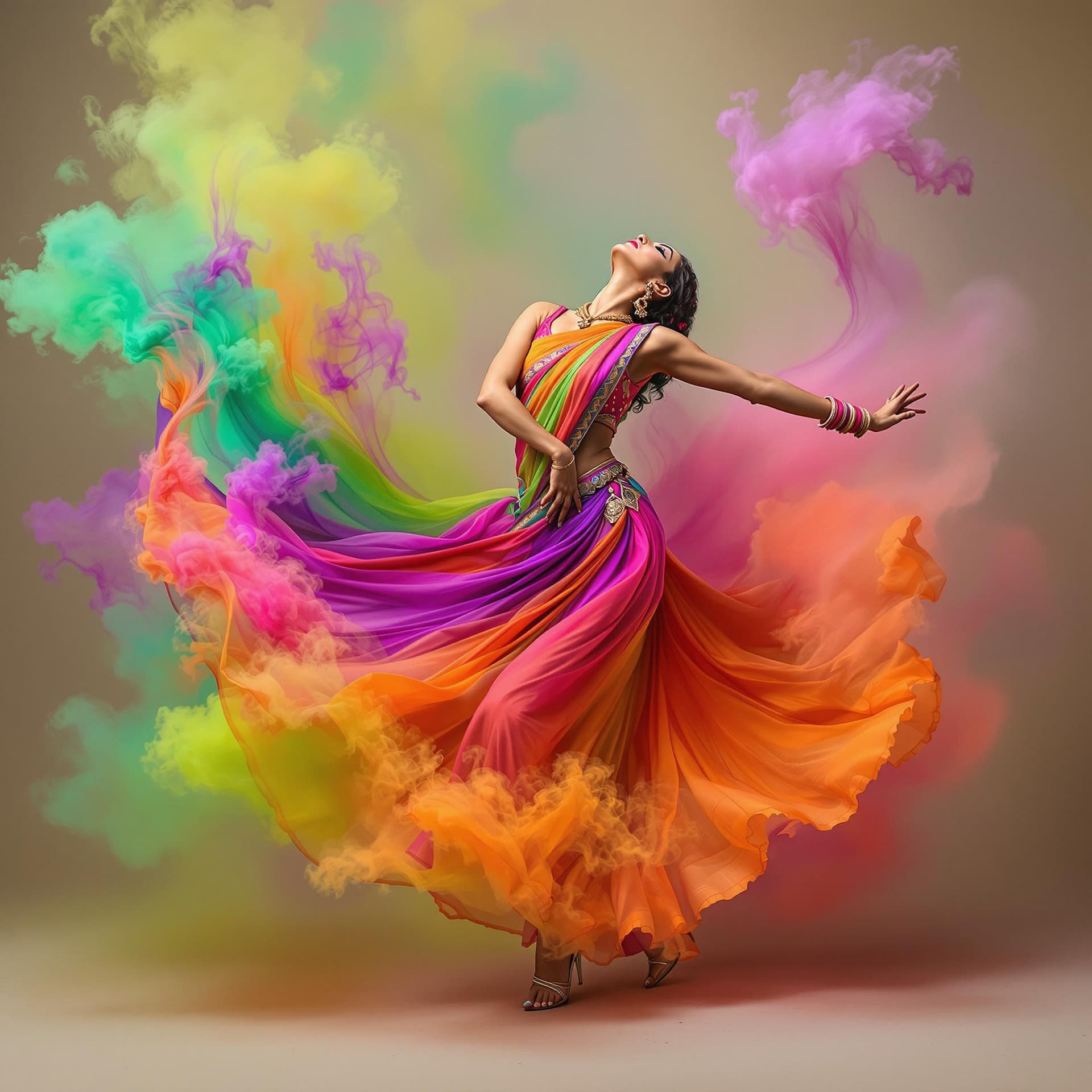 AI generated: An image of a vibrant, artistic portrayal of an Indian woman dancing, surrounded by a swirl of vivid...