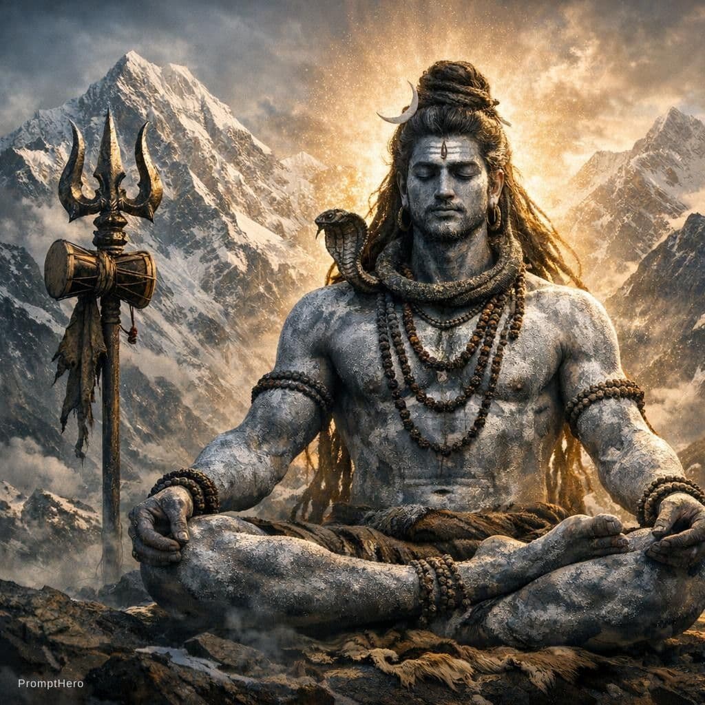 AI generated: Mahadev sitting in deep meditation, Himalaya background, trishul, damru, ash covered body, divine gl...