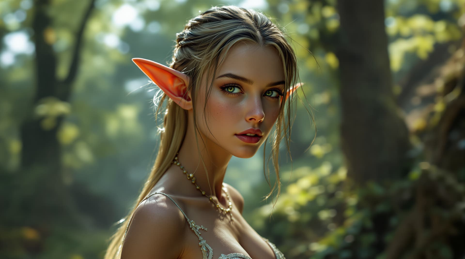 AI generated: 25 year old slender girl, photo of a seductive elf dancer, hyper detail, intimate facial expression,...