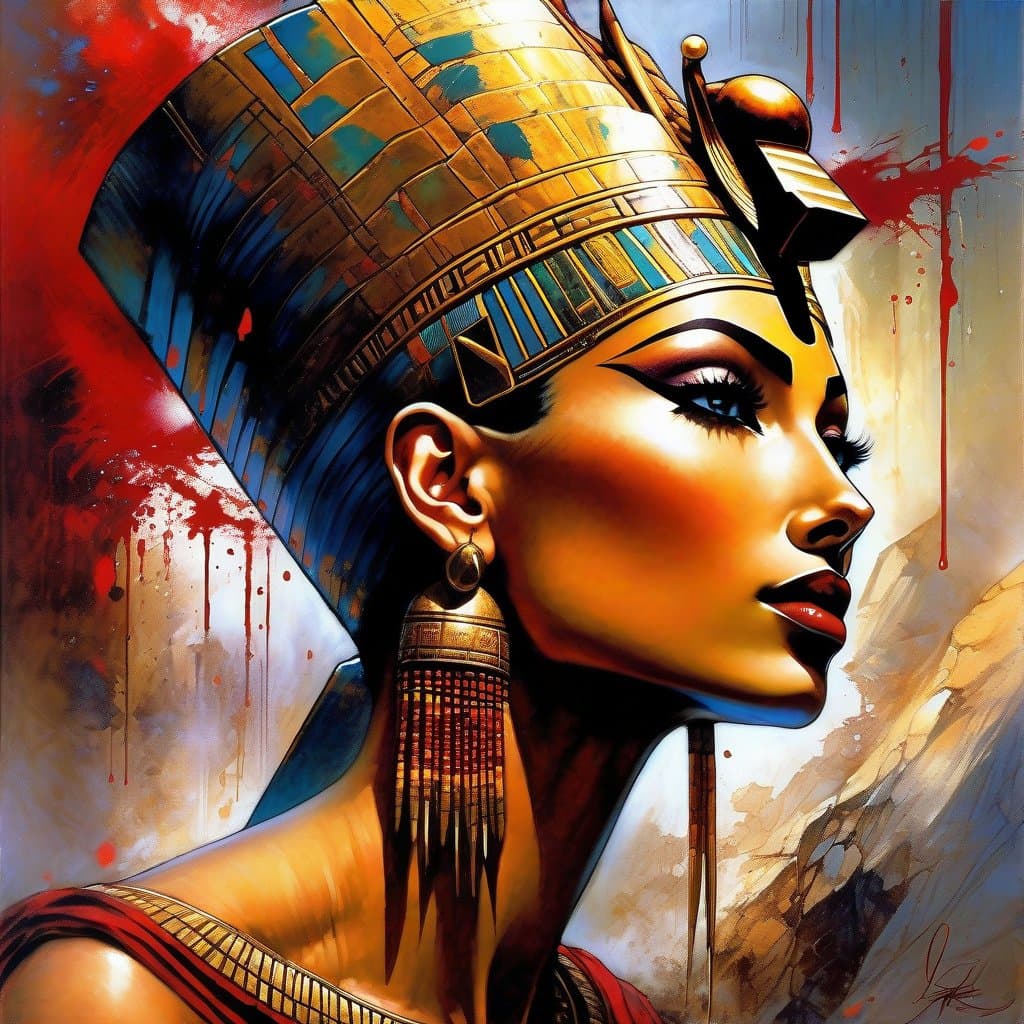 AI generated: A close up portrait of Queen Nefertiti, beauty and grace, with high cheekbones, slanting cat eyes, a...