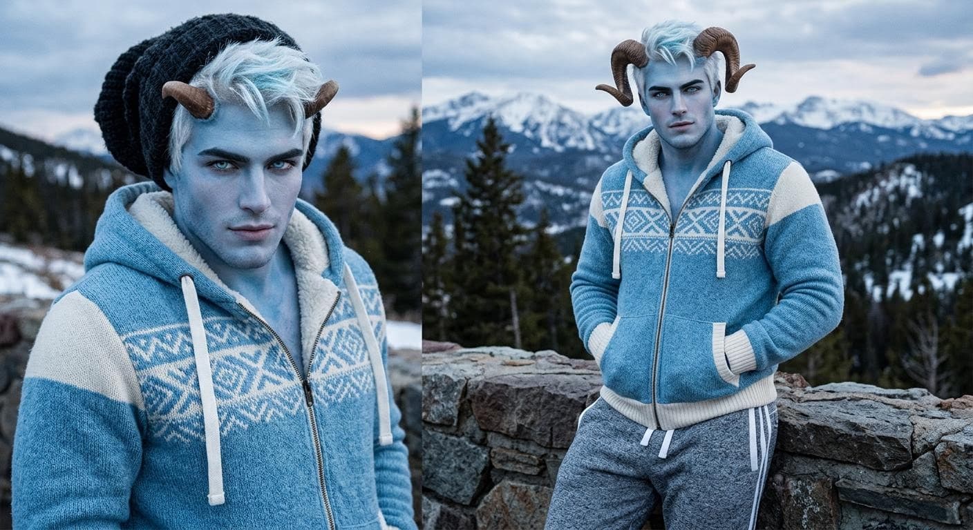 AI generated: A muscular attractive man wit light blue skin and white hair with glacier blue eyes with blue and wh...