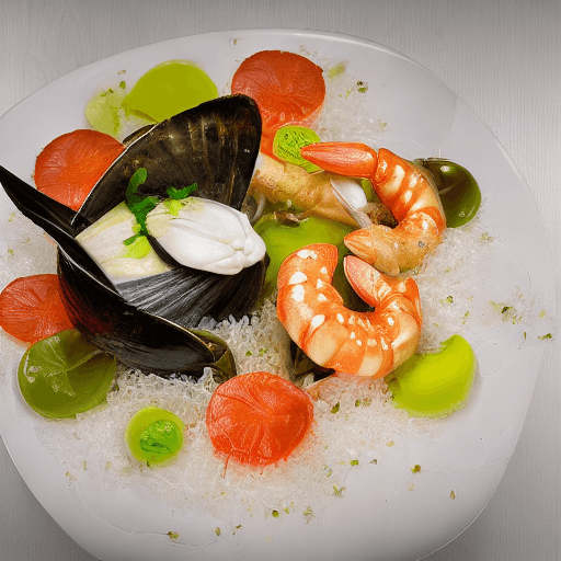 AI generated: Hyper realistic of seafood dish made by michelin chef, picture taken in a good studio, picture taken...