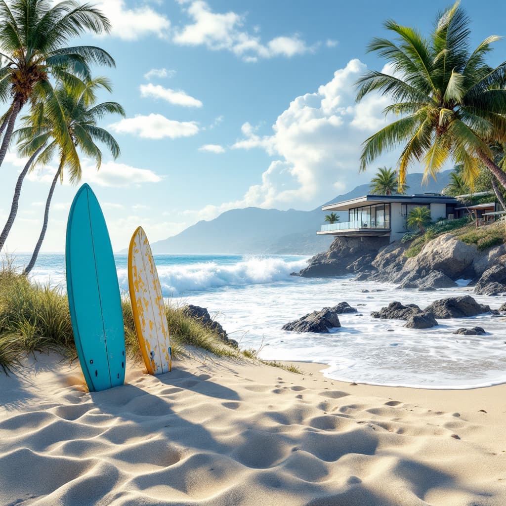 AI generated: Hyper realistic image of Malibu beach with surf boards in the sand 
, blue skies, and modern house i...