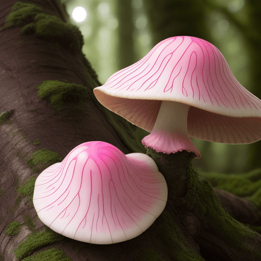 AI generated:  wavy and pink fungi on a tree in the wood, photorealistic, Plicaturopsis crispa