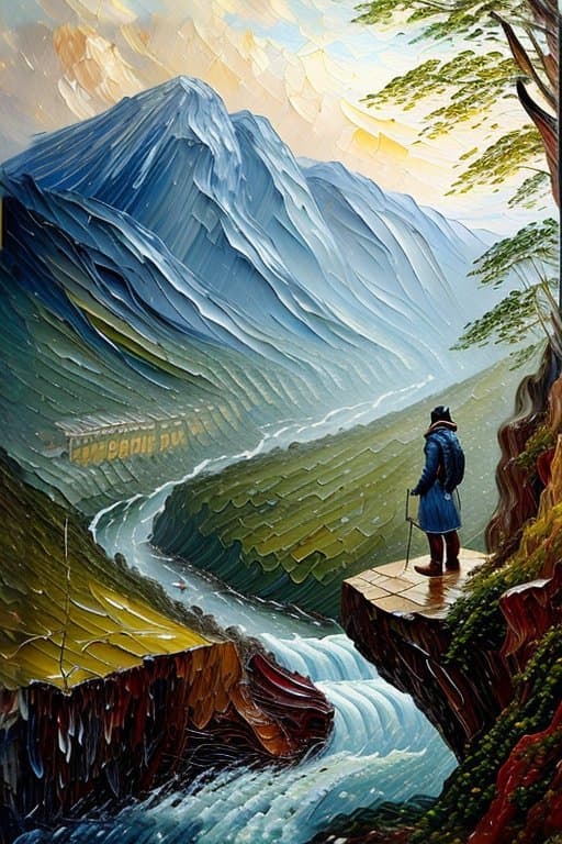 AI generated: robot free-climb mountain, outdoor clothes, (Extremely Detailed Oil Painting:1.6), style of Andreas ...