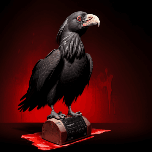 AI generated: hyperrealistic image of a black Condor, standing on a red electric guitar, in the background of the ...