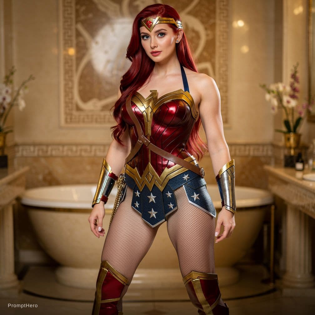 AI generated: Emma watson: "Redhead with strong resemblance to Wonder Woman cosplay, fishnets, fair skin with subt...