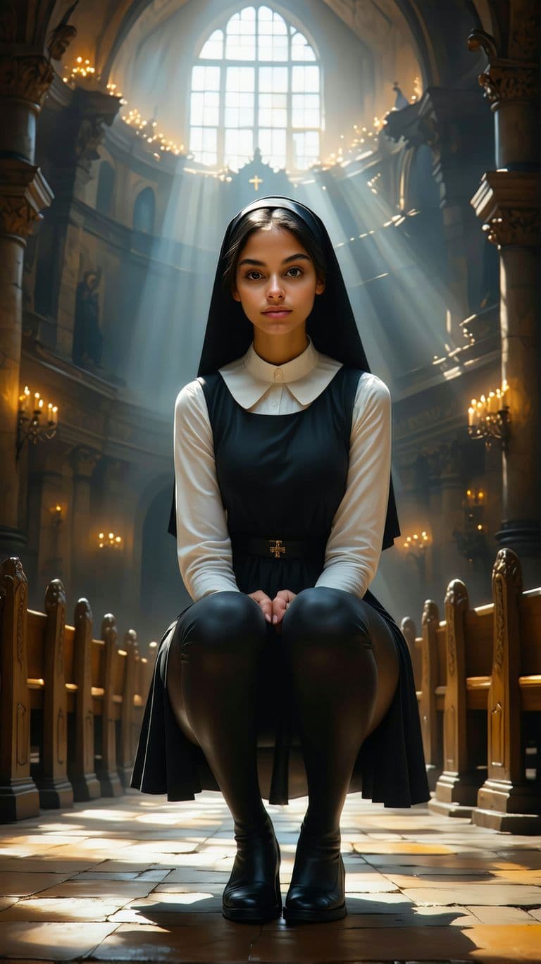 AI generated: Hyper realistic full body view of beautiful 14yo nun, indigen Face, long legs, Long Black Hair, very...