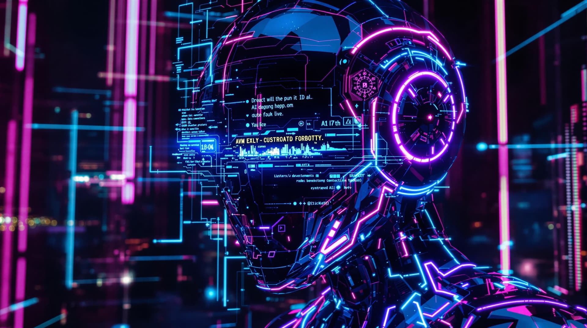 AI generated: "A highly detailed cyberpunk-style AI robot with a metallic, dark-toned body covered in neon blue an...